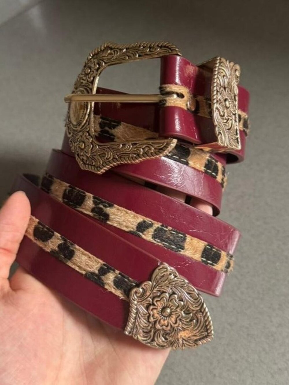 Vintage Burgundy Leopard Inlay Western Tip Belt